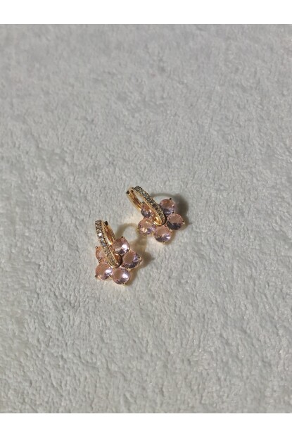 NATURE Cerrahi Çelik Zirkon Taşlı Pembe Çiçek Gold Renk Halka Küpe