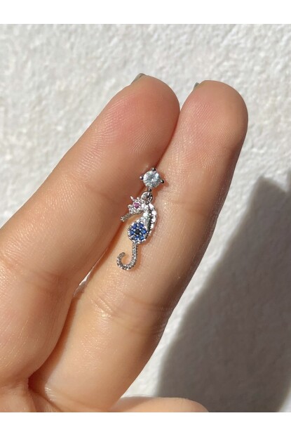 NATURE Cerrahi Çelik Zirkon Taşlı Sallantılı Denizatı Gümüş renk 1cm  Piercing