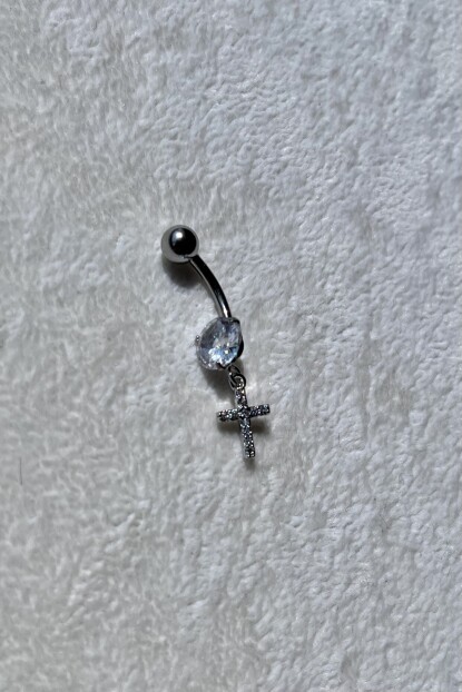NATURE Cerrahi Çelik Zirkon Taşlı Sallantılı Gümüş Renk Haç Göbek Piercing