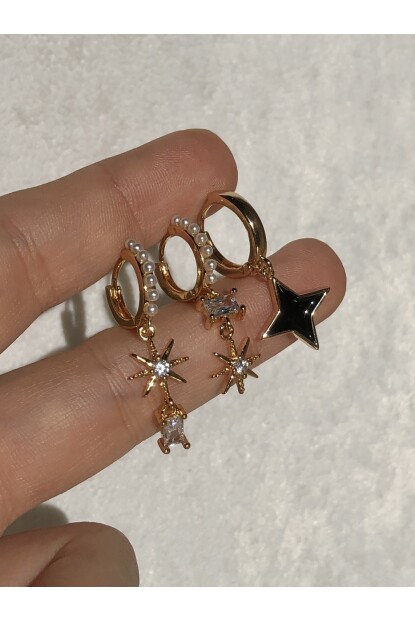 NATURE İncili Siyah Taşlı Yıldız Star 3 Lü Gold Renk Halka Küpe