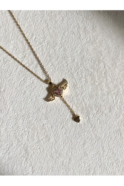 NATURE Pembe Zirkon Taşlı Kanatlı Kalp Kolye