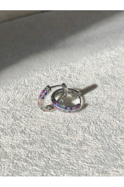 NATURE Renkli Zirkon Taşlı 2 Li Gümüş Renk Halka Küpe