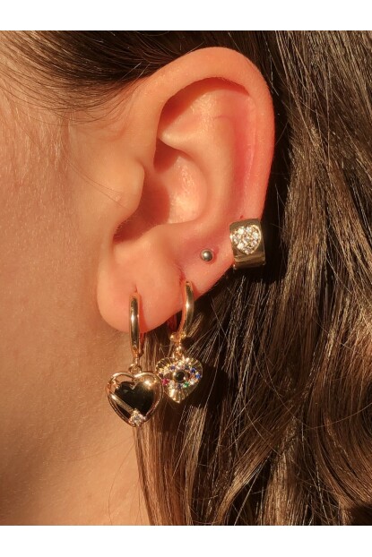 NATURE Siyah Taşlı Gold  Renk 3 Lü Kalp Küpe