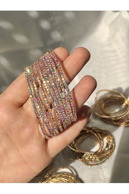 NATURE Tam Tur Zirkon Renkli Taşlı Esnek Gold Renk Su Yolu Bileklik