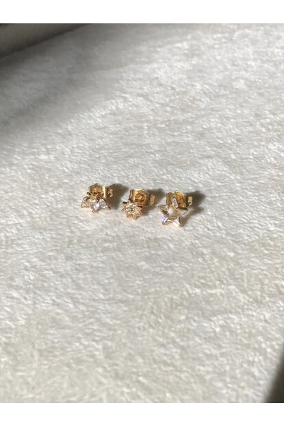 NATURE Tek Taş 3 Lü Yıldız Star Gold Renk Çivili  Küpe