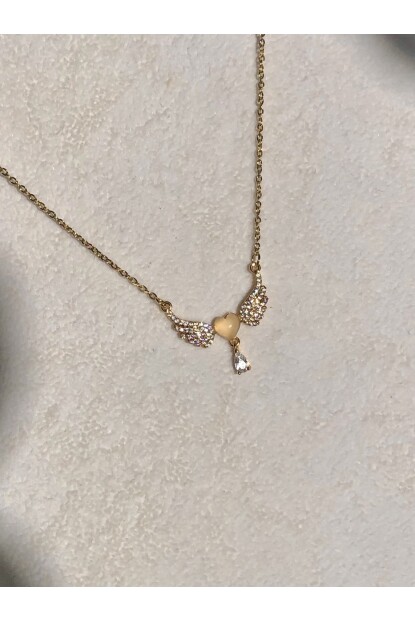 NATURE Zirkon Kalp Taşlı Gold Renk Melek  Kolye