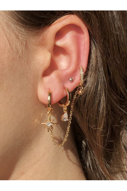 NATURE Zirkon Taşlı Sallantılı Zincirli Gold  Renk Yıldız Star Halka Küpe
