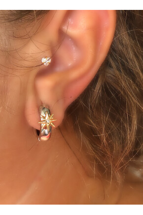 NATURE Çelik Gümüş Renk Ortası Zirkon Yıldız Taşlı Halka  Küpe