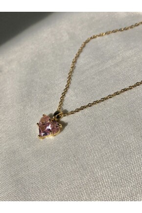 NATURE Çelik Pembe Zirkon Taş  45 cm Gold Renk Kalp Kolye