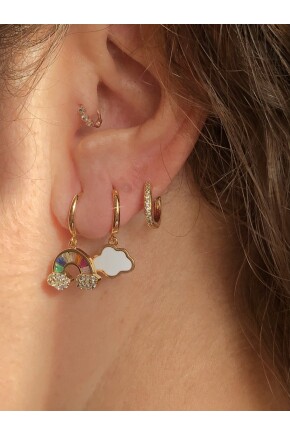 NATURE Çelik Renkli Taşlı 3 Lü Kombin Gold Gökkuşağı Halka Küpe 