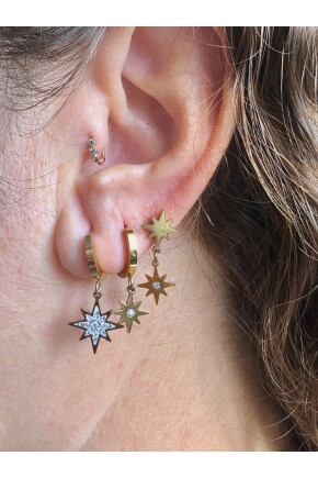 NATURE Çelik  Zirkon Taşlı 3 Lü Kombin Kuzey Yıldızı Gold Halka Küpe 