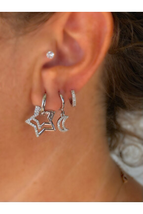 NATURE Çelik Zirkon Taşlı 3lü Ay Yıldız Gümüş Renk Kombin Halka Küpe