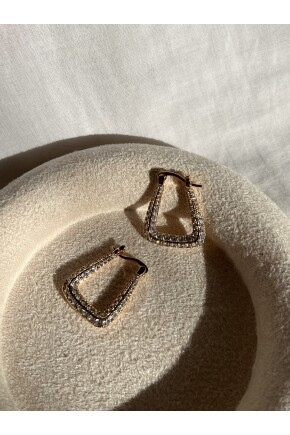 NATURE Çelik Zirkon Taşlı Gold Renk Köşeli Küpe