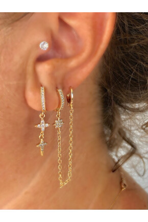 NATURE Çelik Zirkon Taşlı Zincirli Kuzey Yıldızı 3lü Gold Renk Kombin Halka Küpe