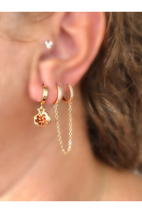 NATURE Çelik Zirkon Taşlı Zincirli Narlı 3lü Gold Renk Kombin Halka Küpe