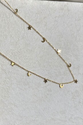 NATURE Cerrahi Çelik 55cm Ay ve Yıldızlı Sallantılı Uzun Gold Renk Kolye