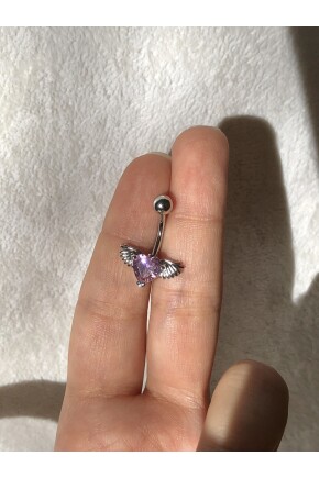 NATURE Cerrahi Çelik Kanatlı Pembe Kalpli Gümüş Göbek Piercing