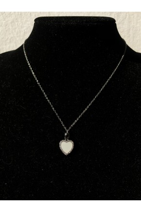 NATURE Cerrahi Çelik Zirkon Taşlı Çift Taraflı 46 cm Gümüş Renk Sedefli Kalp Kolye 