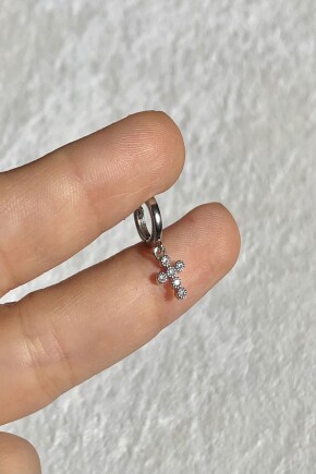 NATURE Cerrahi Çelik Zirkon Taşlı Haç Gümüş Renk  Halka 1cm  Piercing