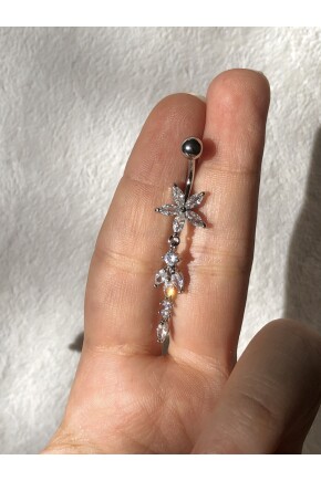 NATURE Cerrahi Çelik Zirkon Taşlı Sallantılı Çiçek Gümüş Göbek Piercing