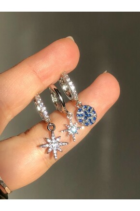 NATURE Mavi Taşlı  Kuzey Yıldızı  3 Lü Gümüş Renk Halka Küpe