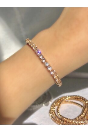 NATURE Tam Tur Zirkon Beyaz Taşlı Kalın Esnek Rose Gold Renk Su Yolu Bileklik