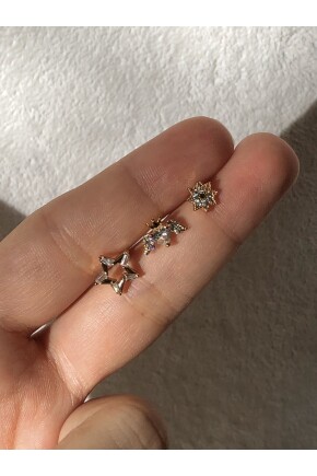 NATURE Tek Taş 3 Lü Yıldız Star Gold Renk Çivili  Küpe