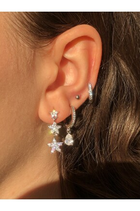 NATURE Zirkon Taşlı Yıldız Star 3 Lü Gümüş Renk Halka Küpe