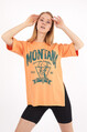 Kadın Montana Baskılı Yırtmaçlı Bisiklet Yaka Oversize T-Shirt